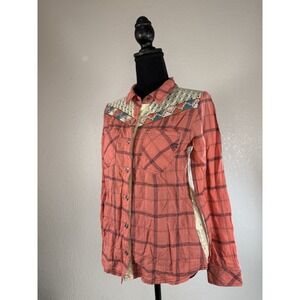Miss Me Women's  Pink Plaid Shirt  & Beaded Accents Pocket Top size S Western